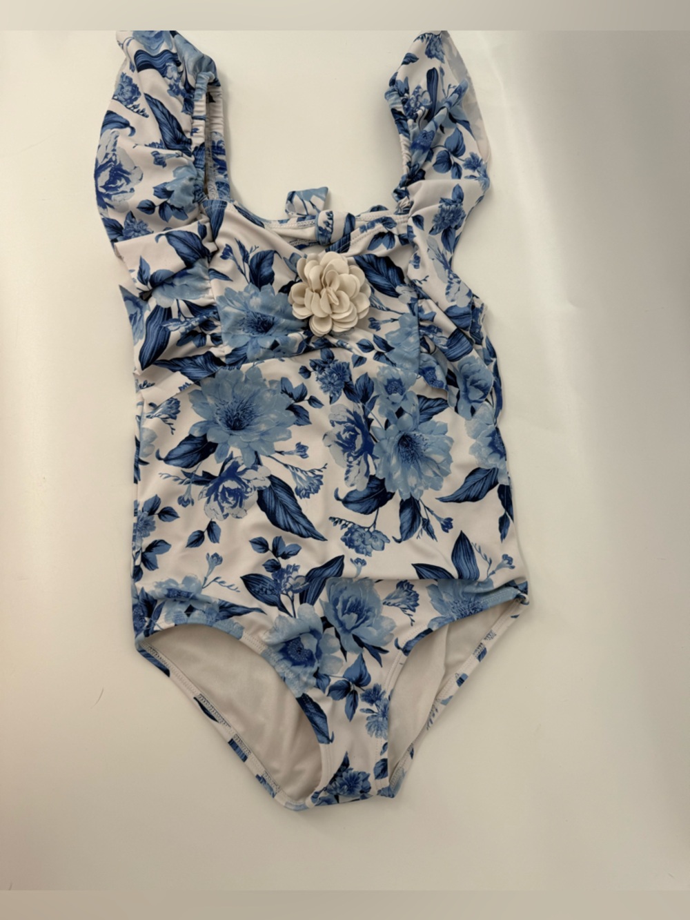 Janie and Jack Blue and White Floral One-Piece Swimsuit with Cream Flower - Picture 2 of 7